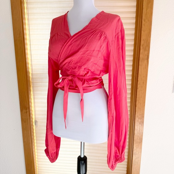 Loco Lindo Retro Coral Pink Vintage Style Babaloo Wrap Top XL Balloon Sleeves - Picture 5 of 9
